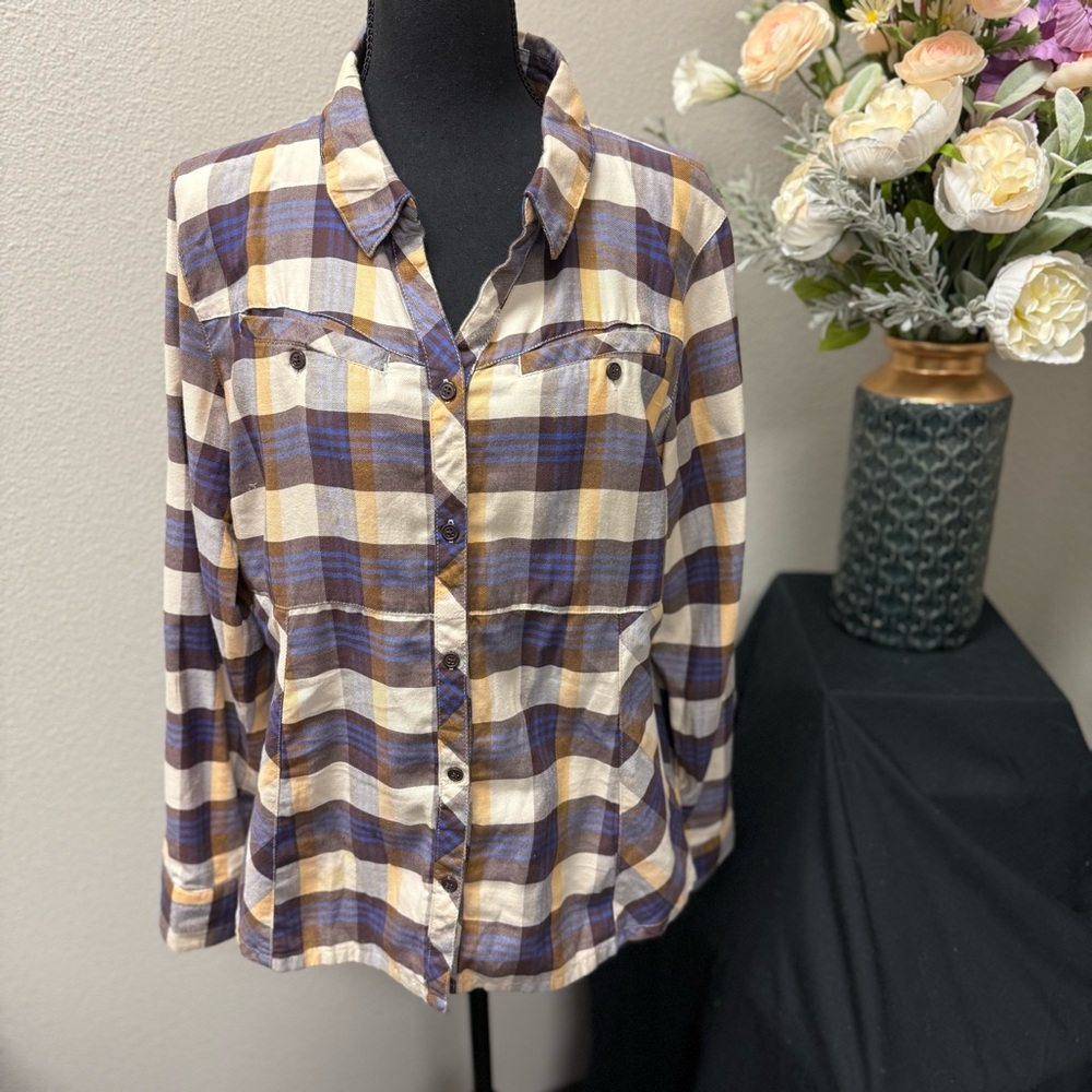Columbia Sportswear Women’s Plaid Button Down Shirt Size L – Blue/Gold/White